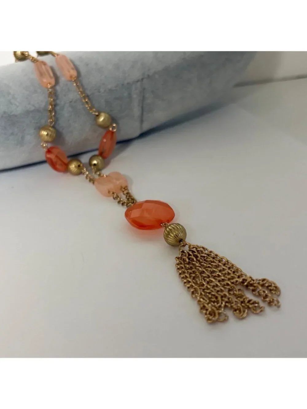 Gold Tone Chain Necklace Pink Orange Beads Faceted Centerpiece Tassel Pendant